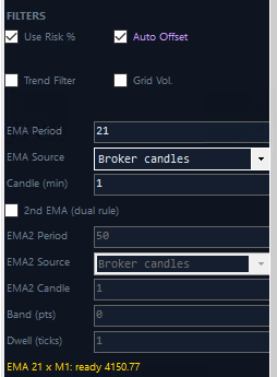 Trend Filter settings. The new Trend Filter settings under "FILTERS": "EMA Period", "EMA Source" ("Broker candles" or "Broker ticks") and "Candle (min)". The gold line below them shows when the EMA is "ready" to filter trades. (Greyed out on 2 Leg Lock, which doesn't use the Trend Filter.)