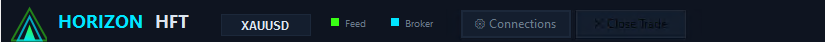 Feed dot. The top bar shows a coloured dot for each connection: "Feed" (your fast feed) and "Broker". The Feed dot is green when prices flow, and turns orange while the feed reconnects.
