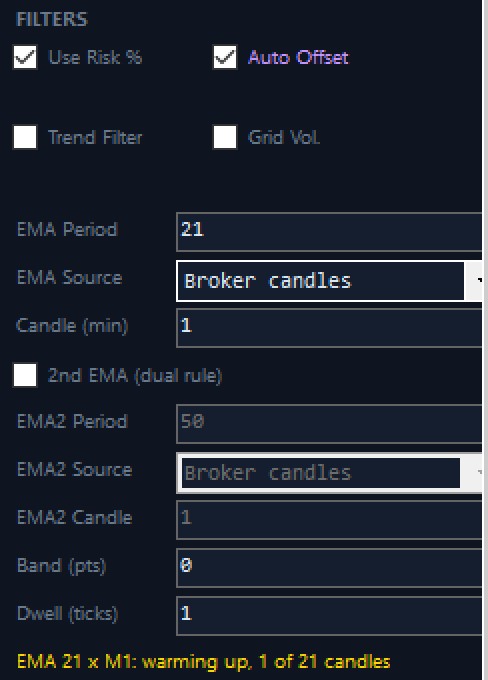 Trend Filter. Band (pts) and Dwell (ticks) are now enabled with one EMA (2nd EMA unticked). In 2.0.7 they were greyed unless "2nd EMA (dual rule)" was ticked.
