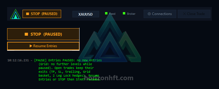 Pause Entries on: both buttons read STOP (PAUSED) and the log confirms.