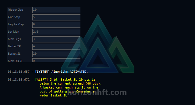 At START, Grid warns when the Basket SL sits below the current spread.